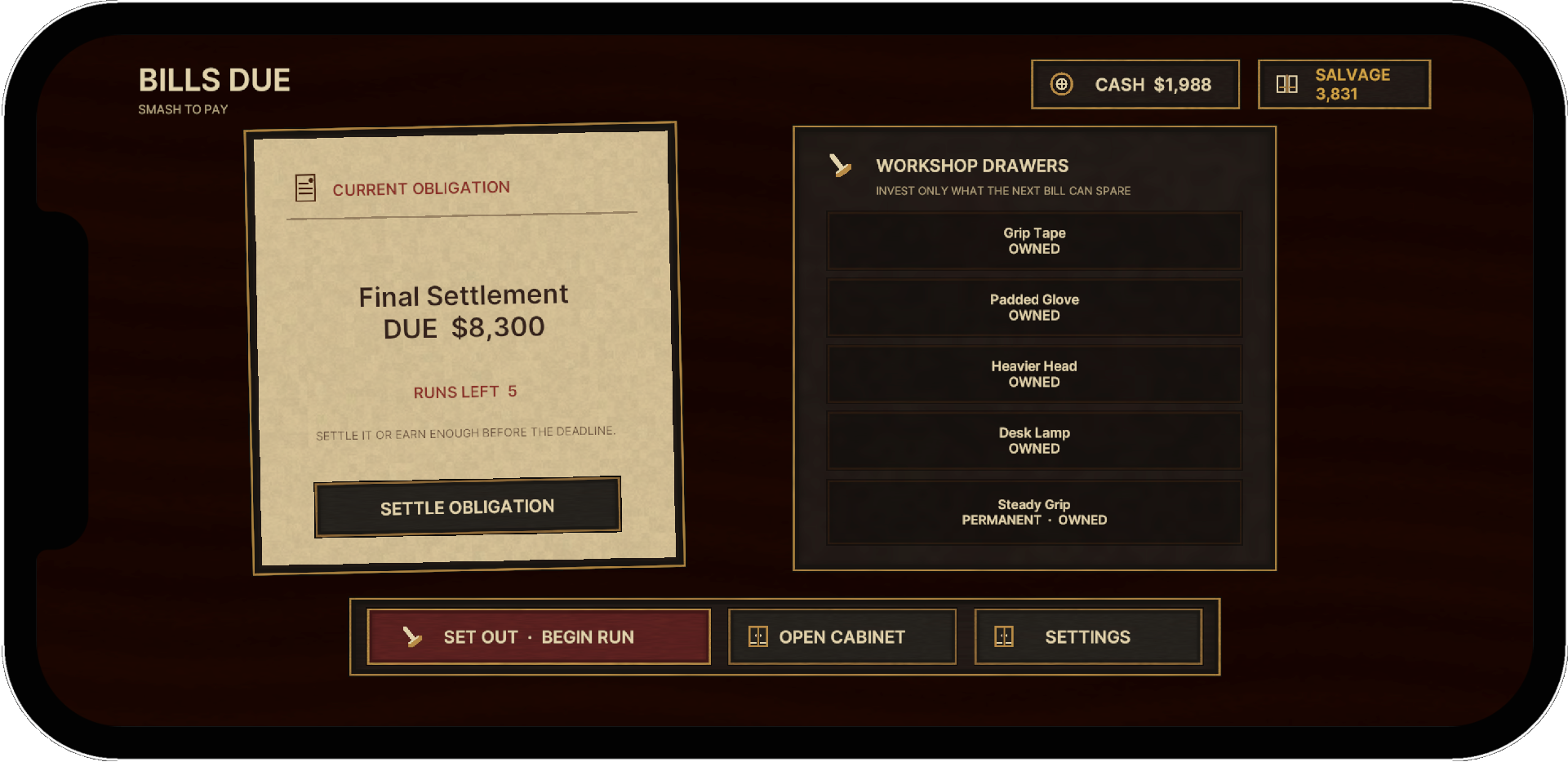 Bills Due frontend showing the current obligation and Workshop Drawers upgrades