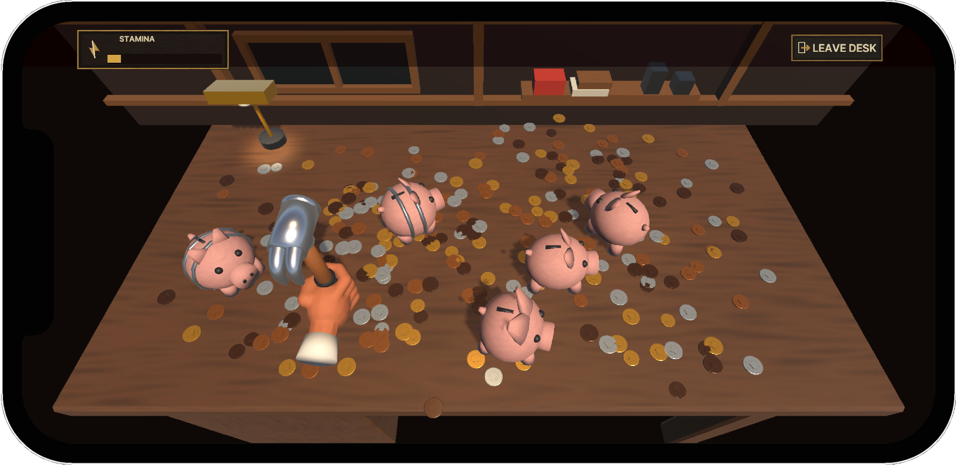 A Bills Due run with the hammer, five piggy banks, and coins spread across the desk