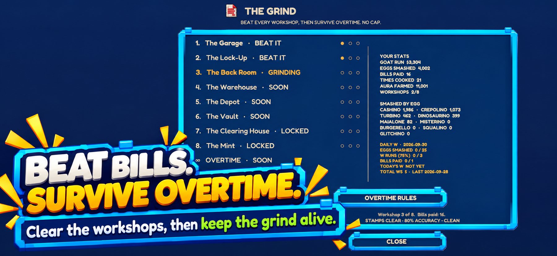 The Brainrot Bills workshop list under the words Beat bills. Survive Overtime.