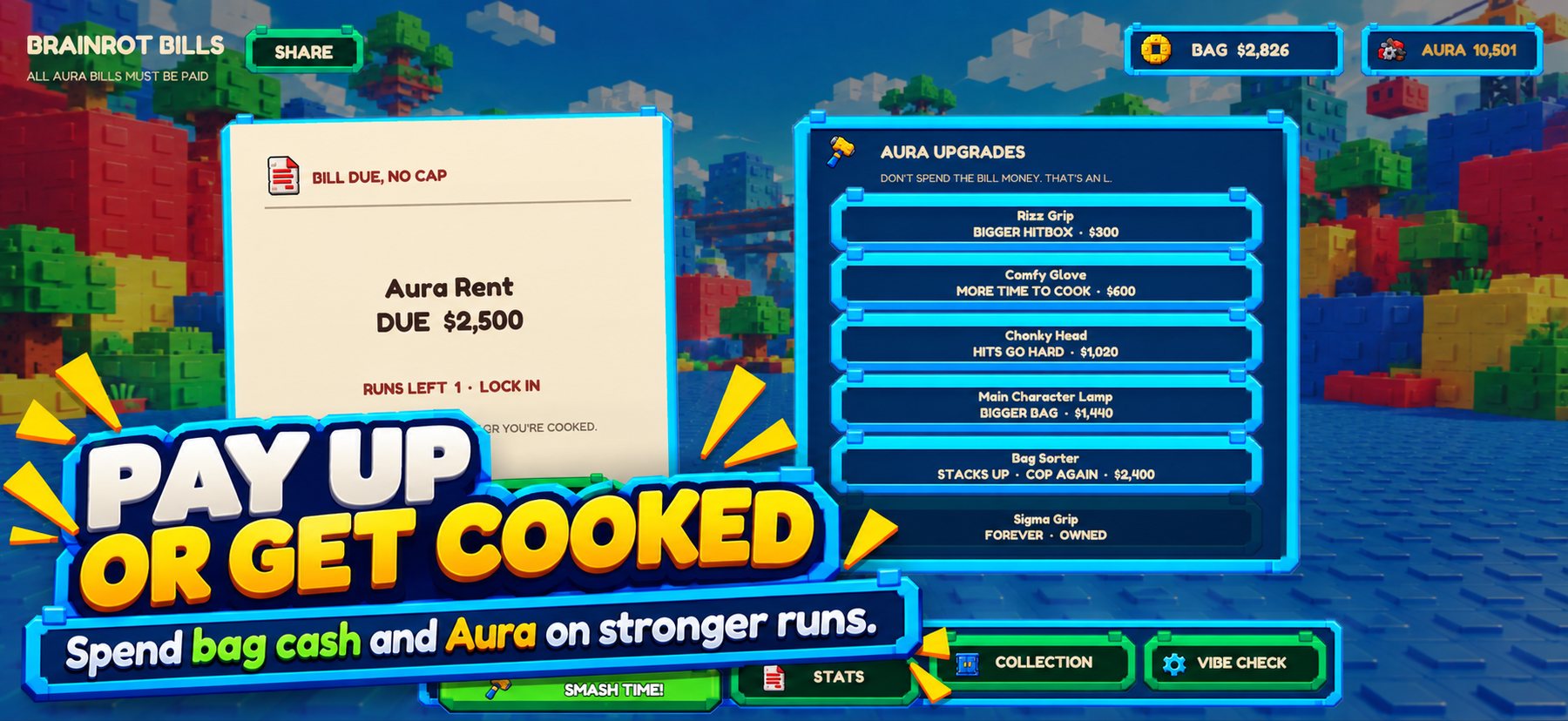 The Brainrot Bills main screen with a bill due and Aura upgrades under the words Pay up or get cooked