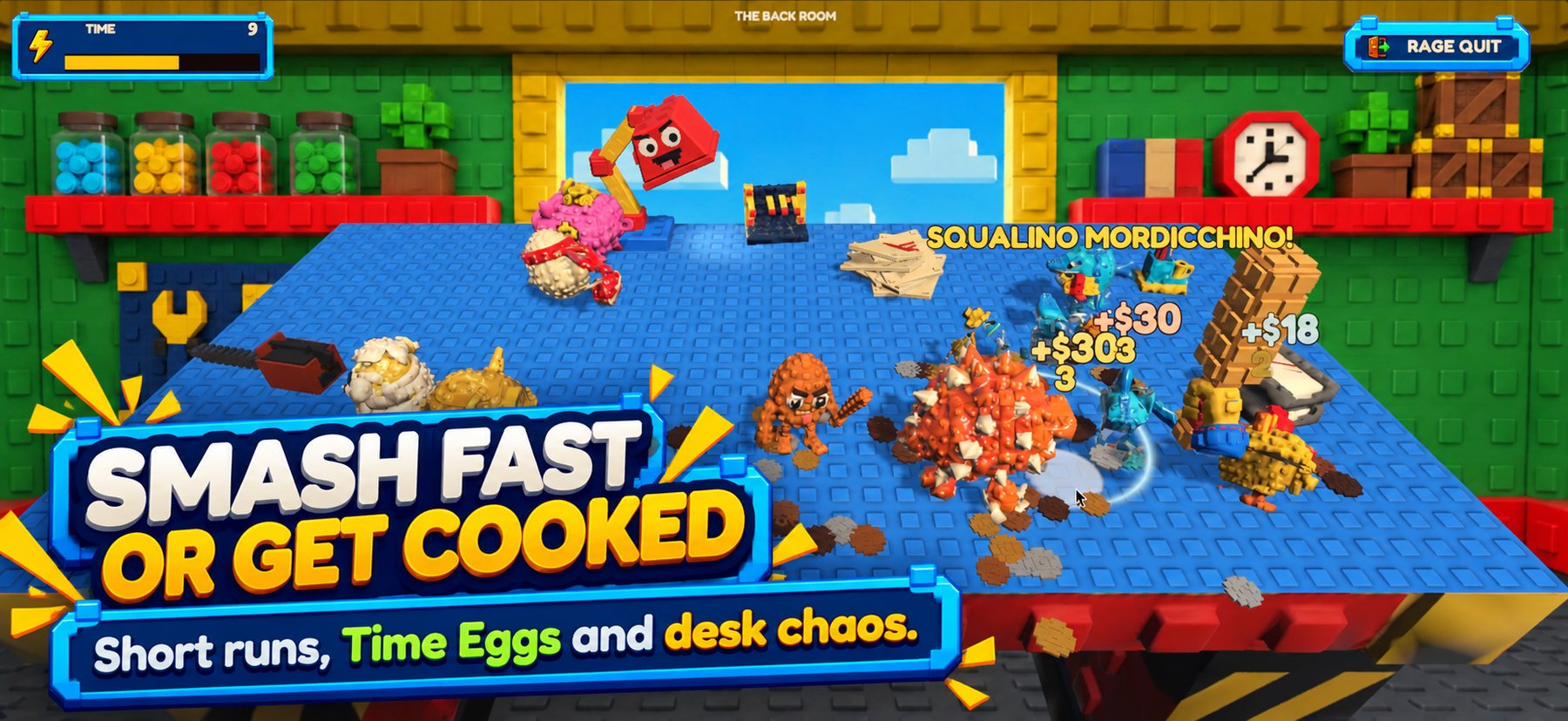 Brainrot Bills gameplay: a hammer smashing blocky eggs for cash under the words Smash fast or get cooked