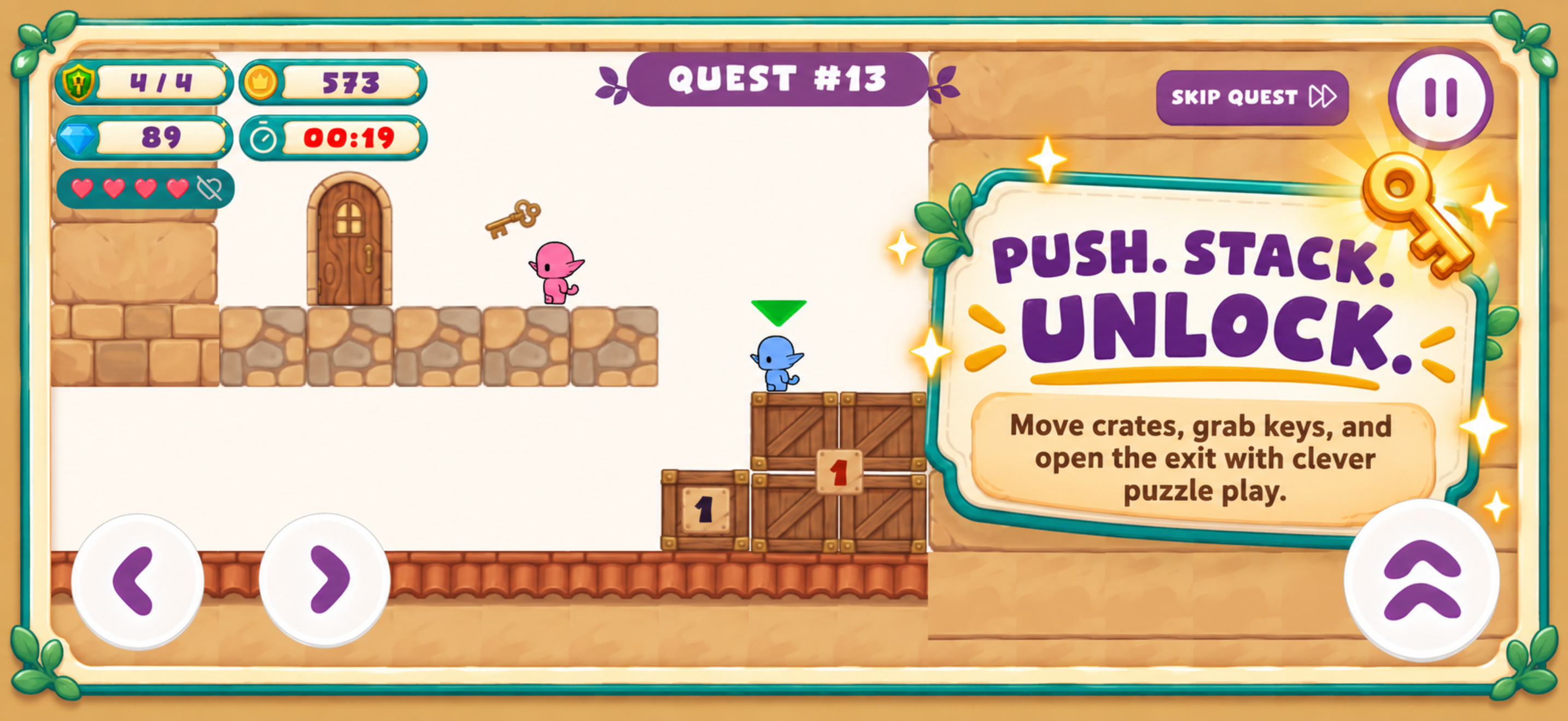 Pippin Plaza App Store screenshot showing crates, a key and an exit door in a solo puzzle