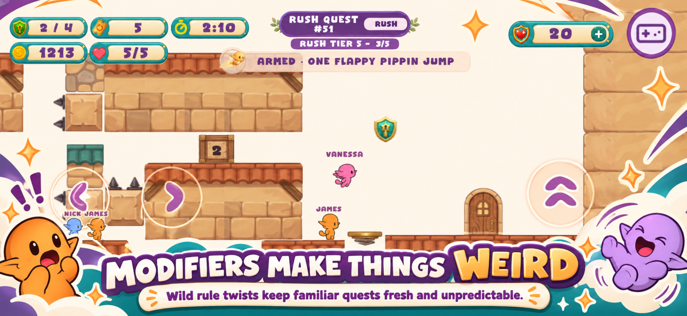 Pippin Plaza App Store screenshot showing a modified Rush quest with an armed jump