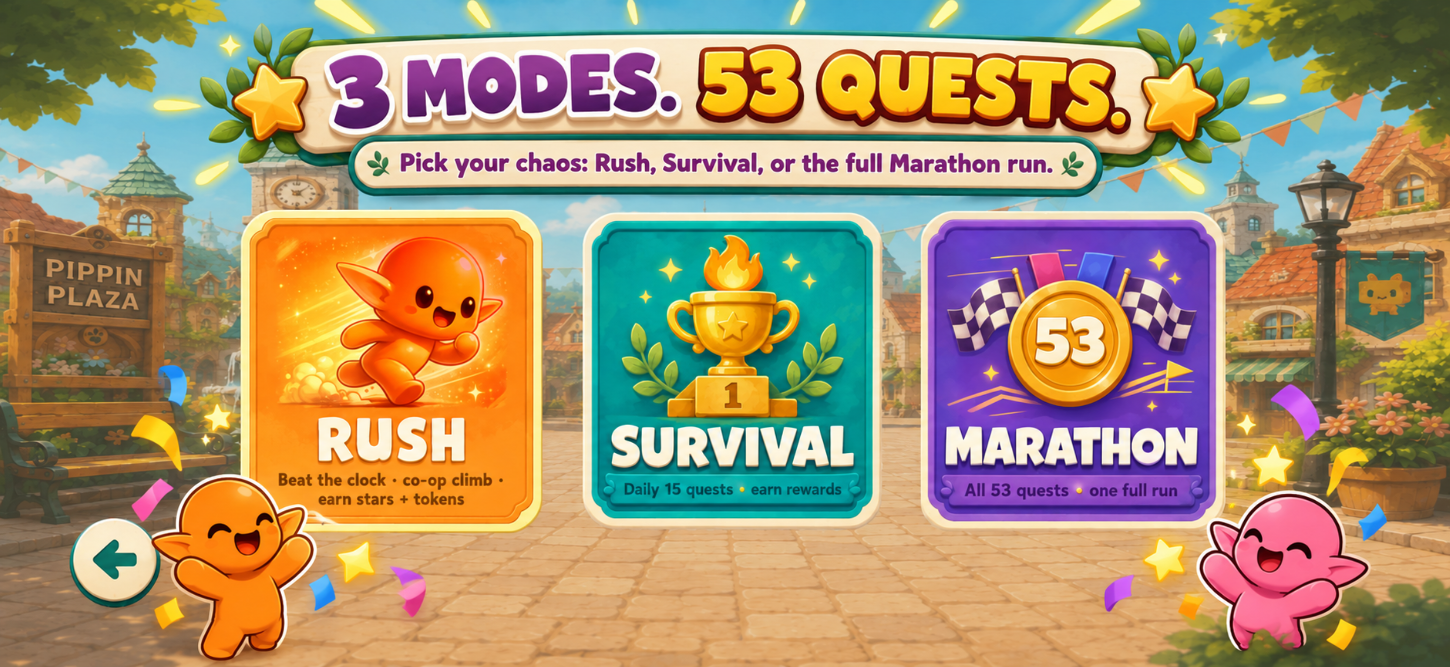 Pippin Plaza App Store screenshot showing the Rush, Survival and Marathon mode cards
