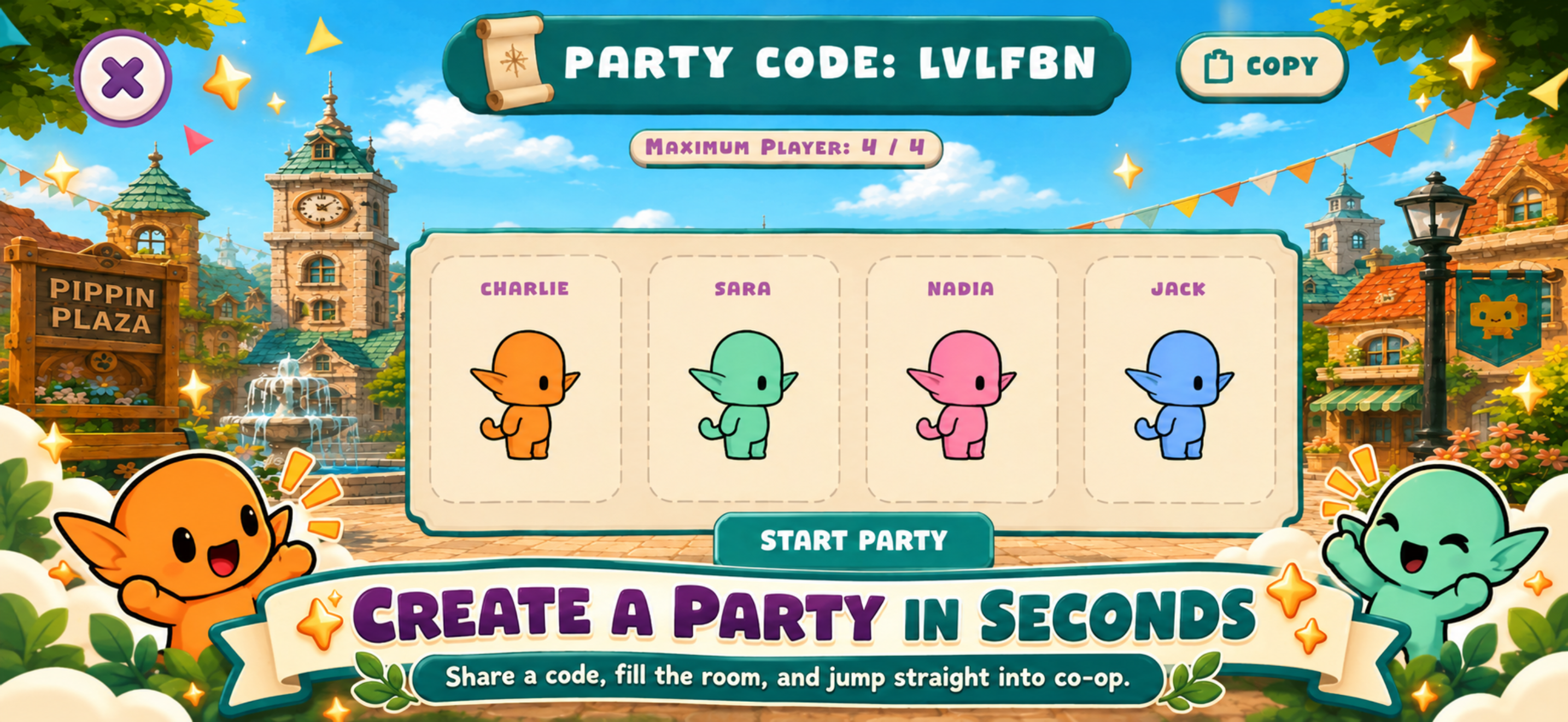 Pippin Plaza App Store screenshot showing a four-player party lobby and its party code